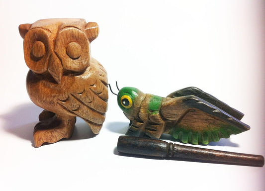 Wooden Percussion 2 Piece Set of 3 Inch Cricket and Inch Owl